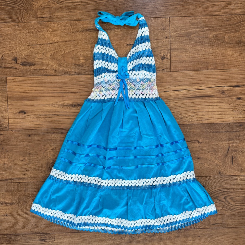 Vintage 70s 80s Girls Teal Lace-Trim Sundress